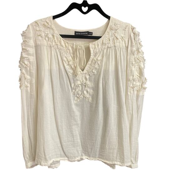 Antik Batik Tie Neck Embroidered Sabba Blouse Cream Gold Womens Large AS IS - Picture 1 of 8